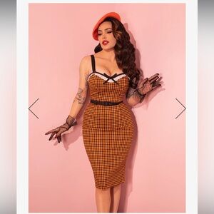 Vixen by Micheline Pitt Bardot orange black gingham wiggle dress large NWT